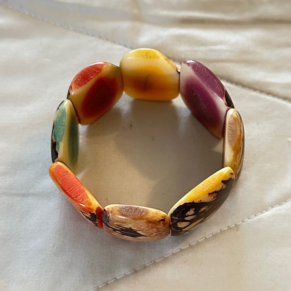 Tagua nut stretchy bracelet, about 7.5” long. Multicolor, carved - Picture 3 of 13